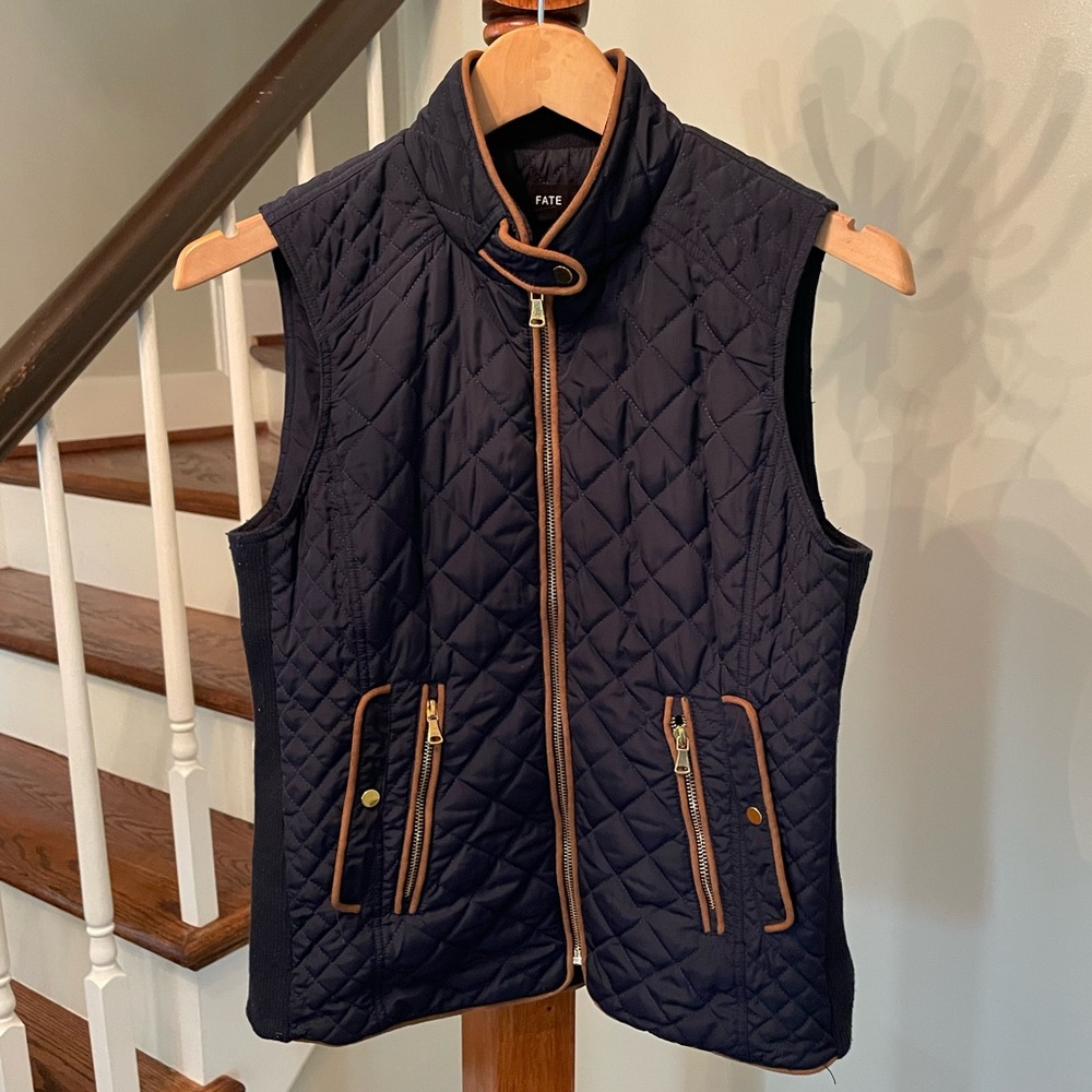 Fate Navy Blue Quilted Vest with Brown Trim, Size Medium